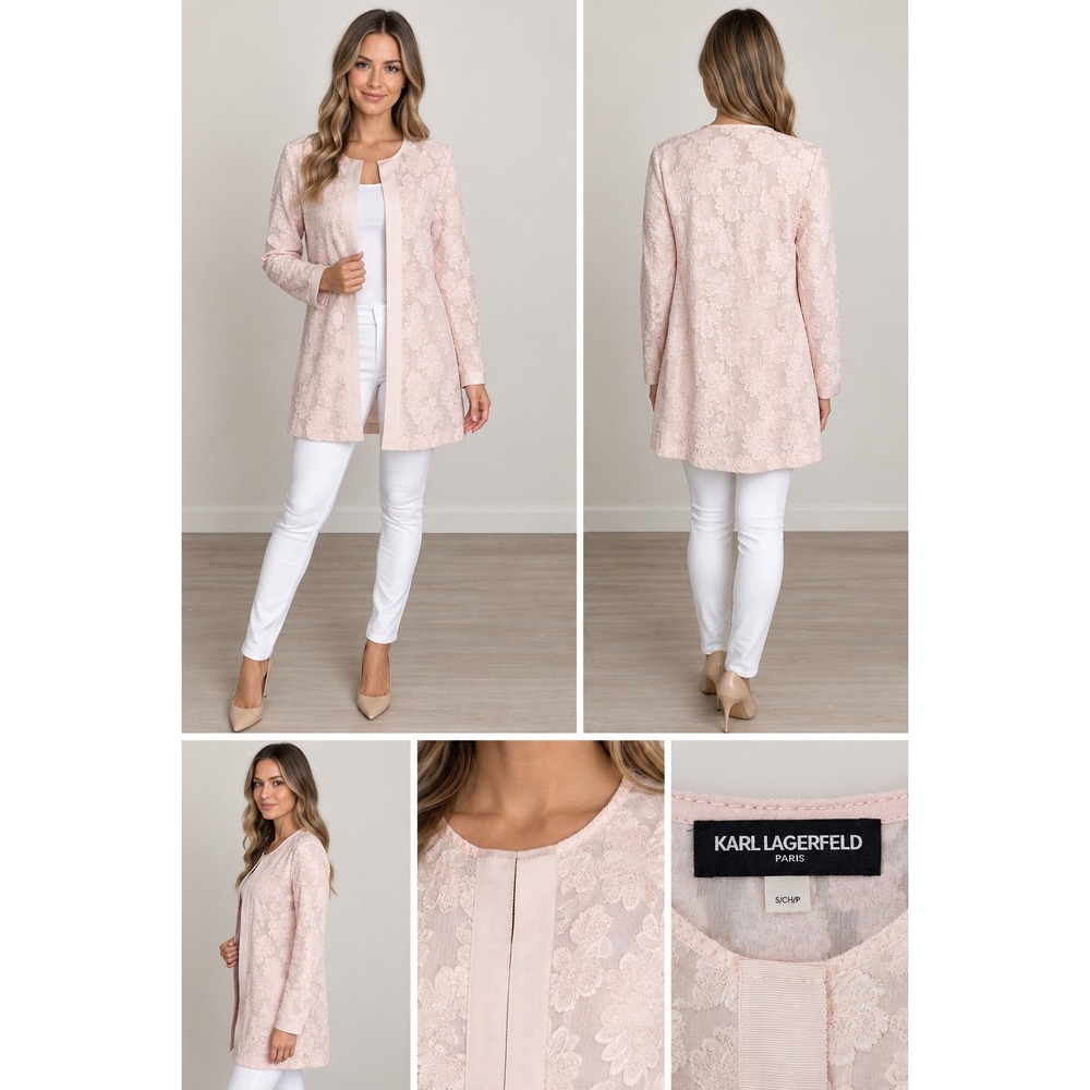 Karl Lagerfeld Paris Floral Lace Open Front Cardigan Small Blush Pink